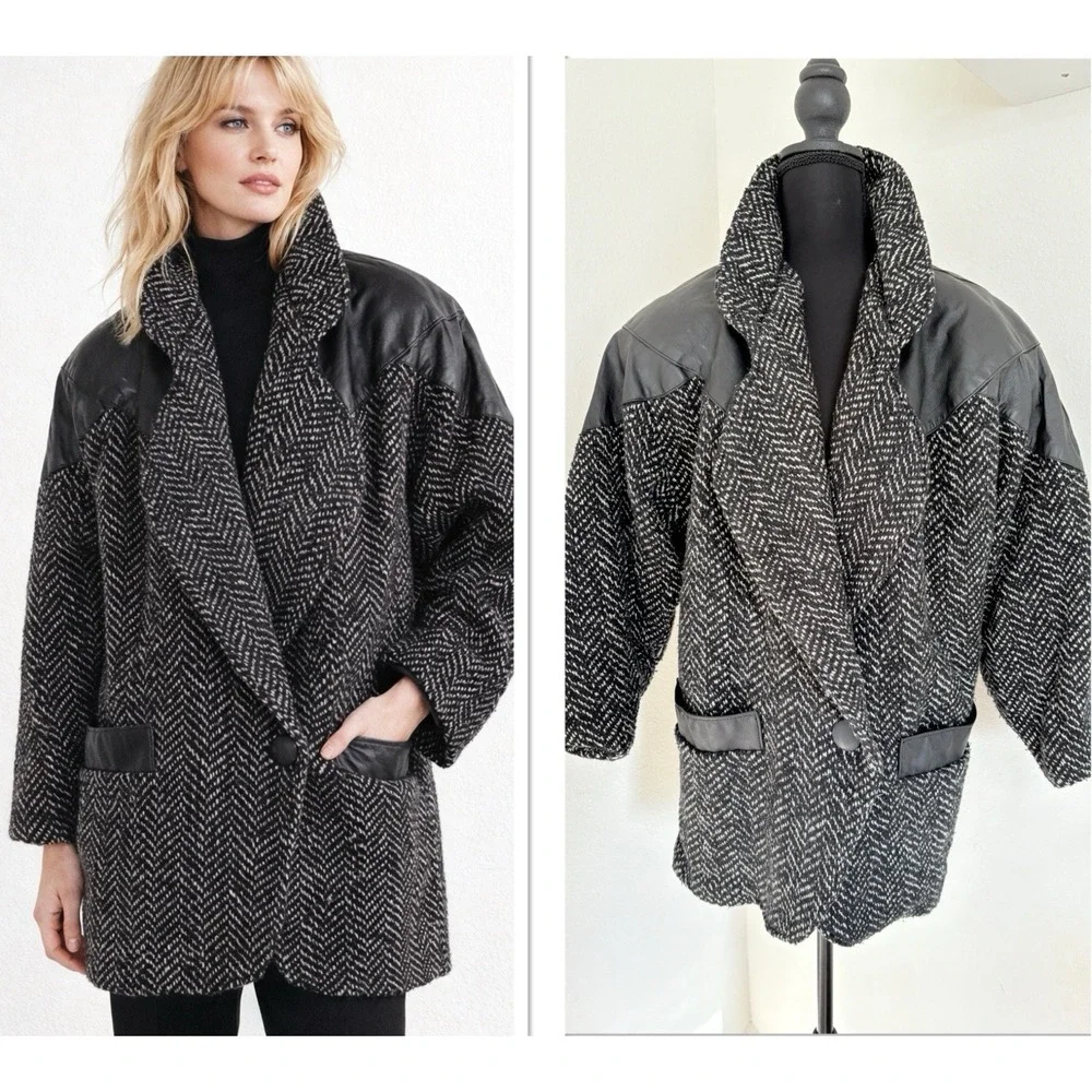 Vintage 80s Herringbone Tweed Wool Coat Leather Trim‎ Working Girl Blazer 9-10